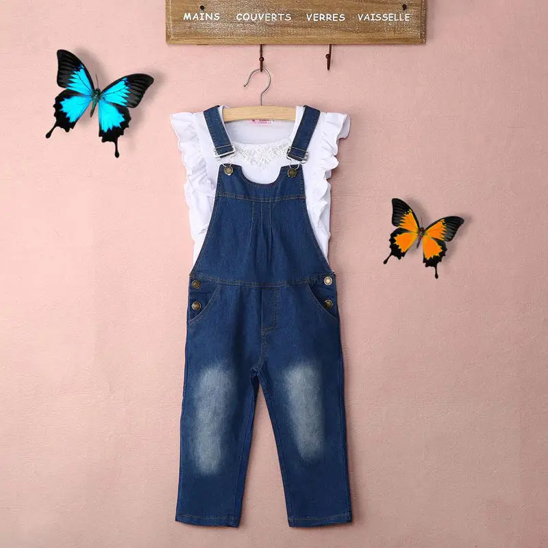 

2PCS Summer Casual Lovely Newborn Baby Girls Cotton Petal Sleeve Pullover Solid White Shirt Tops Denim Overalls Outfit 2-7Y