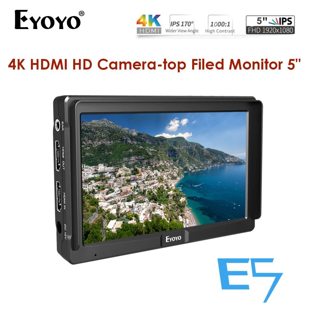 

Eyoyo E5 5 inch On Camera Field DSLR Monitor Small Full HD 1920x1080 IPS Video Focus Assist 4K HDMI Include Tilt Arm