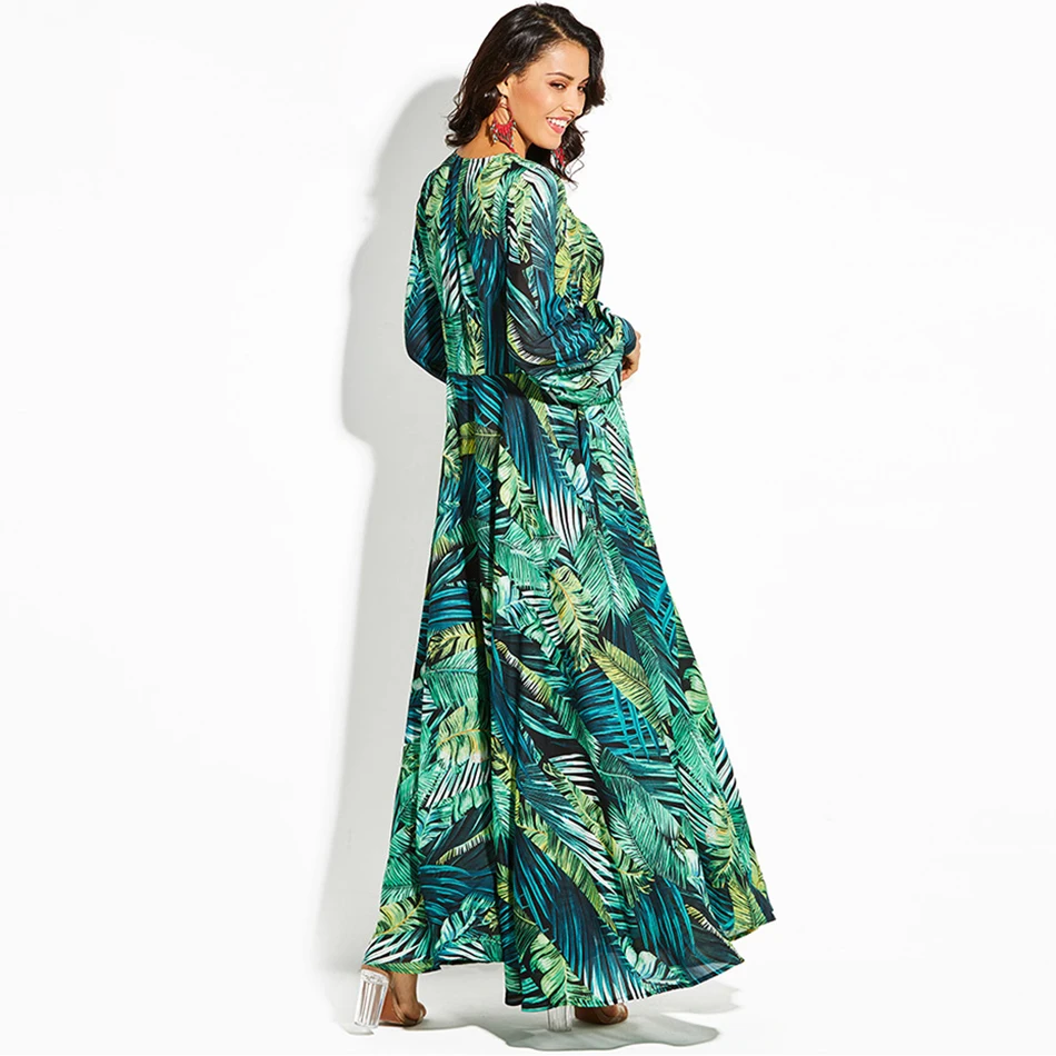 Women Long Sleeve Dress Tropical Print Vintage Maxi Dresses Boho Casual V Neck Belt Lace Up Tunic Draped Plus Size Dress Dresses