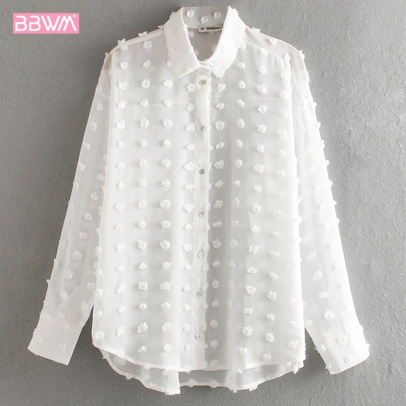 

Sun protection clothing female 2019 summer sexy perspective wave point long sleeve loose thin chiffon shirt top Lapel single-bre