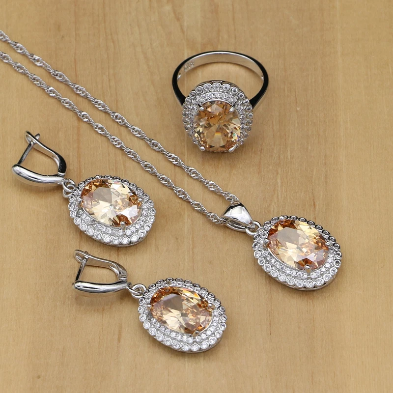 Mystic 925 Silver Bridal Jewelry Sets Champagne Cubic Zirconia Beads For Women Earrings With Stone Pendant Rings Necklace Sets  (1)