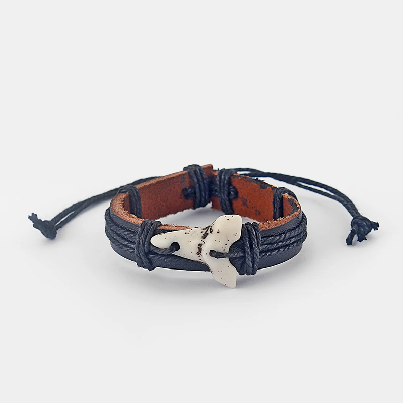 

6pcs Cool Handmade Faux Yak Bone Black Leather Shark Tooth Sharks Teeth Bracelet