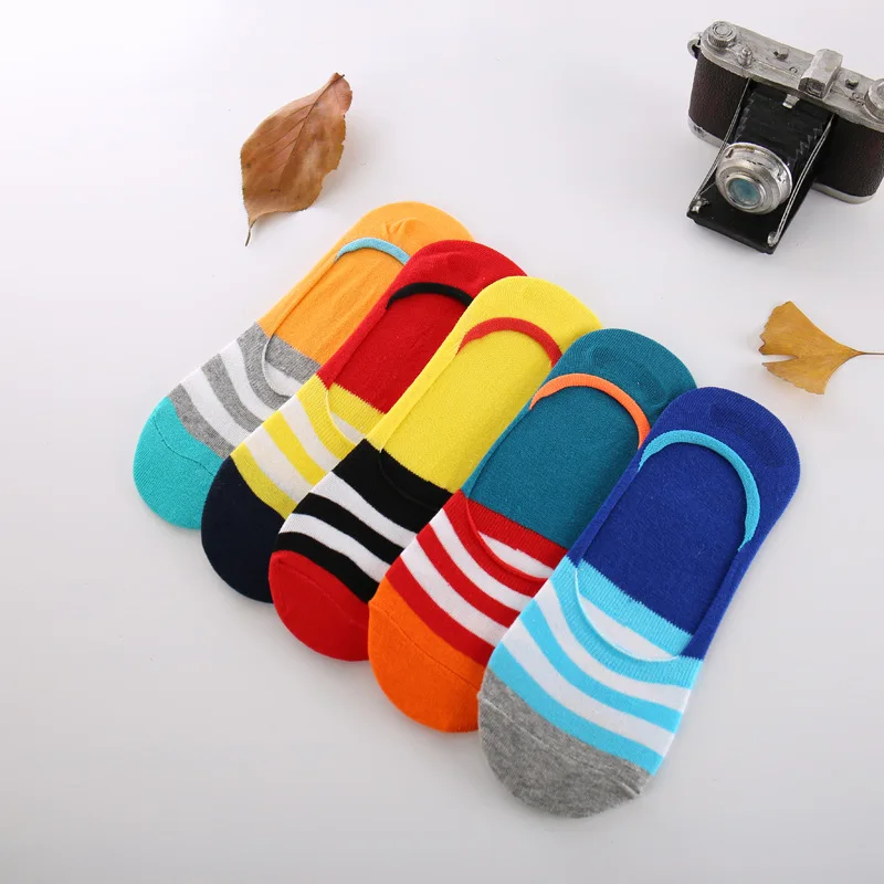 

5Pairs/Lot Fashion Casual Men Socks High Quality Strip Cotton Socks Silicone Non-slip Brief Invisible Slippers Male No Show Sock