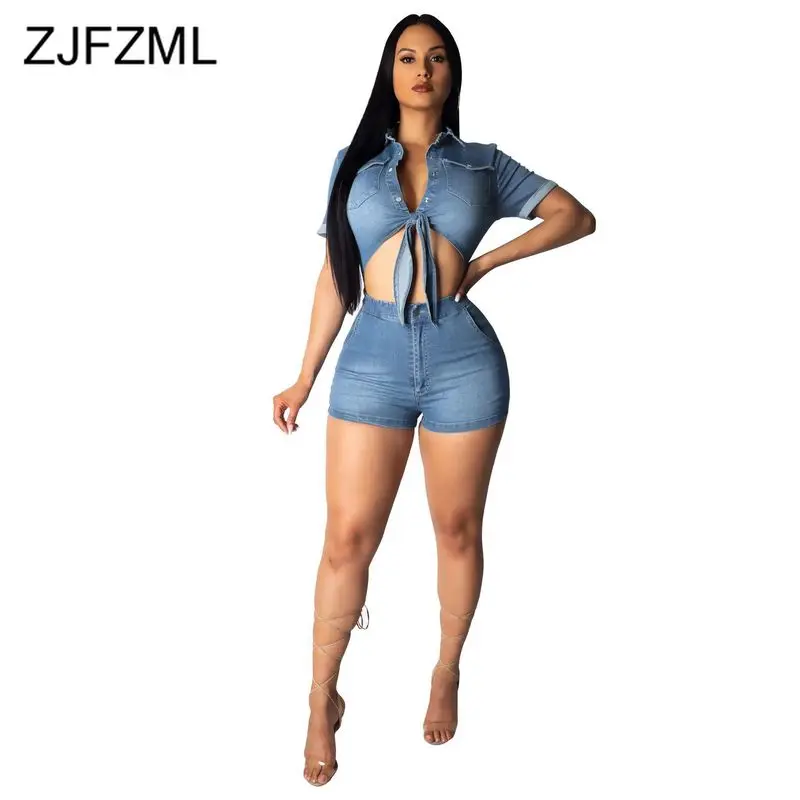 

Waist Band Cut Out Denim Overalls For Women Turn Down Collar Short Sleeve Bandage Jumpsuit Casual Buttons Up Bow Short Playsuit