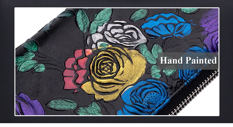 Lomelobo Hand Painted Lady Wallet Long Split Leather Flowers Women Cute Purse Girls Business RFID Card Holder portomonee HPL8349 Details (01)