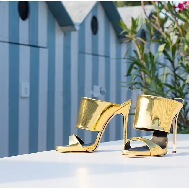 Конструктор металлический с тиснением под питона слайды сандалии летние туфли для вечеринки Золотой Шлёпанцы дамы женские сандалии-шлепанцы на высоком каблуке