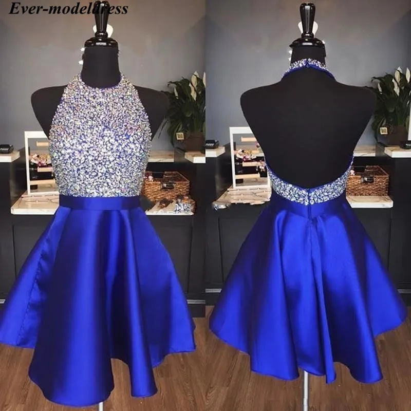 2021 Modest Short Graduation Dresses Homecoming Dress Halter Beaded Crystal Satin Backless Mini Sexy Cocktail Prom Party Gowns | Свадьбы и