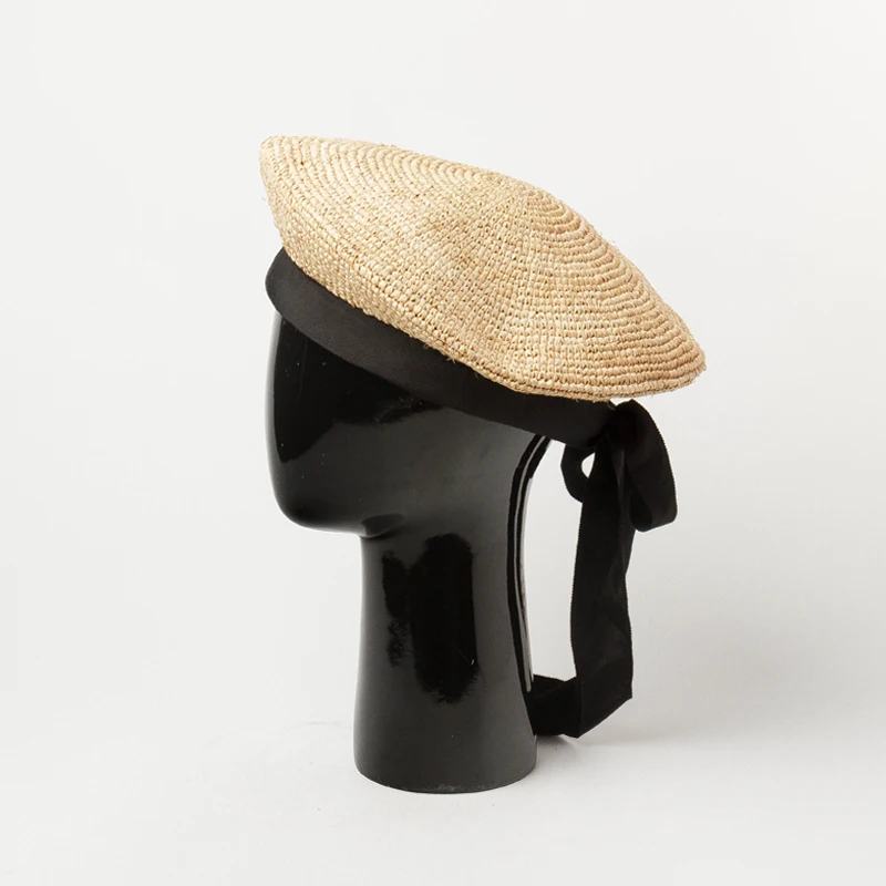 

01905-HH7282 handmade raffia long black bowknot lady beret cap men women leisure Painter Professor hat
