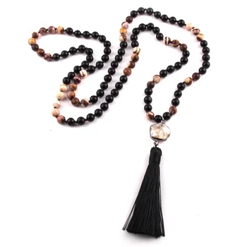

Fashion Bohemian Tribal Jewelry 108pc Black Stone Knotted Yago Necklace Flower Crystal Link Tassel Necklaces For Women