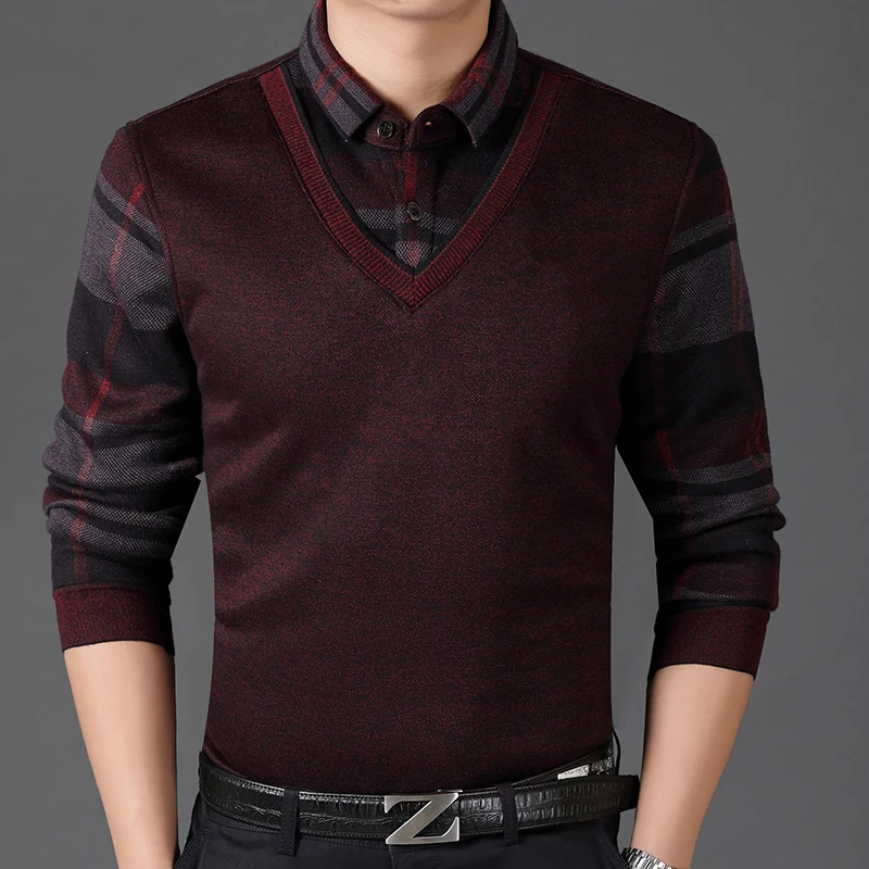 

AMSIIKE Men's T Shirt New Autumn Winter Thickened Sweater Lapel and Velvet Shirt Fake Two Plaid Clothes D8002