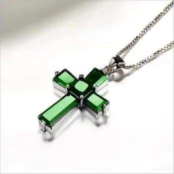 LUKENI Trendy Men 925 Sterling Silver Necklace For Girls Jewelry Fashion Crystal Green Cross Pendant Necklace Female Accessories