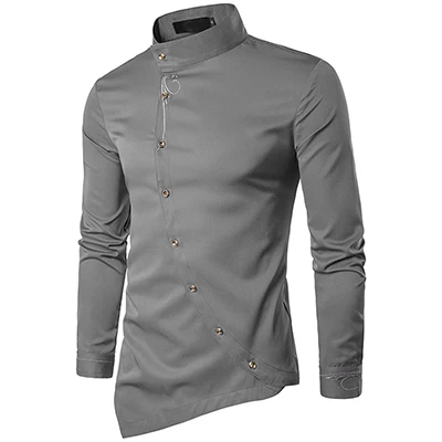 Мужская модная рубашка с вышивкой индивидуальность Наклонный Кнопка неправильное Прибытие Досуг сплошное с длинным рукавом Повседневные рубашки европейский размер - Цвет: Серый