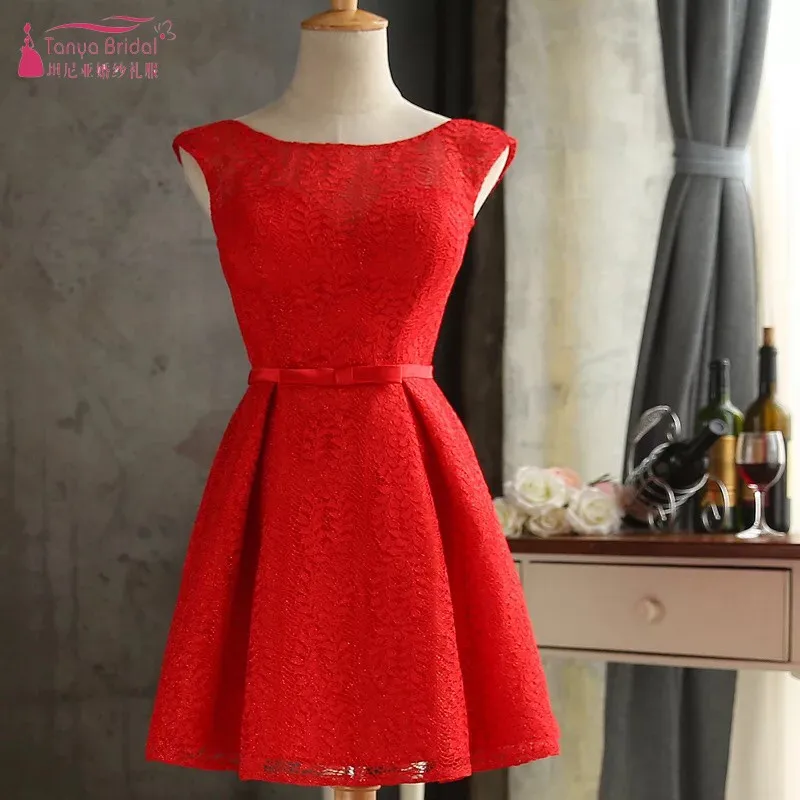 Lace Red Dresses With Bow A Line Simple Graduation Pretty
