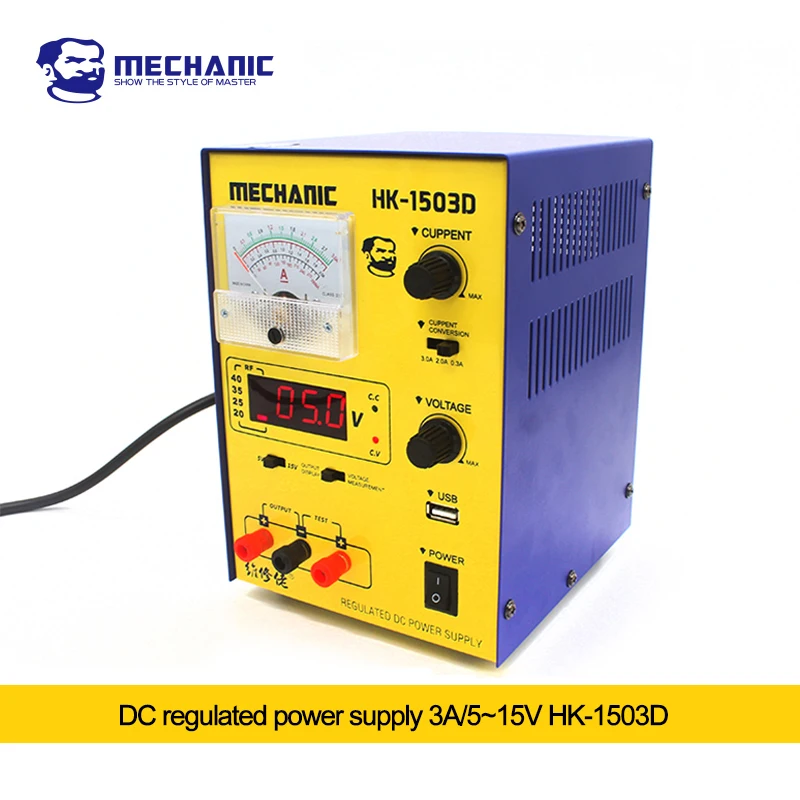 

MECHANIC HK-1503D Voltage/Signal Detection/USB Output/short-circuit Protection/5V~15V Range/3A 2A 0.5A DC Regulated Power Supply