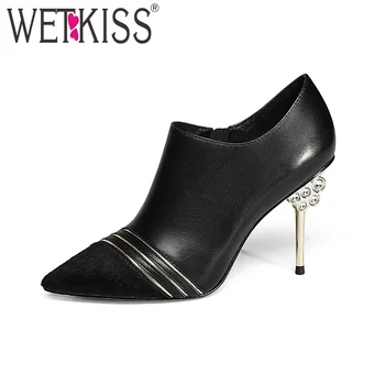 

WETKISS Office Spool High Heel Women Pumps Genuine Leather Slip On Pointed Toe Crystal Footwear Spring Mature Cover Instep Shoes