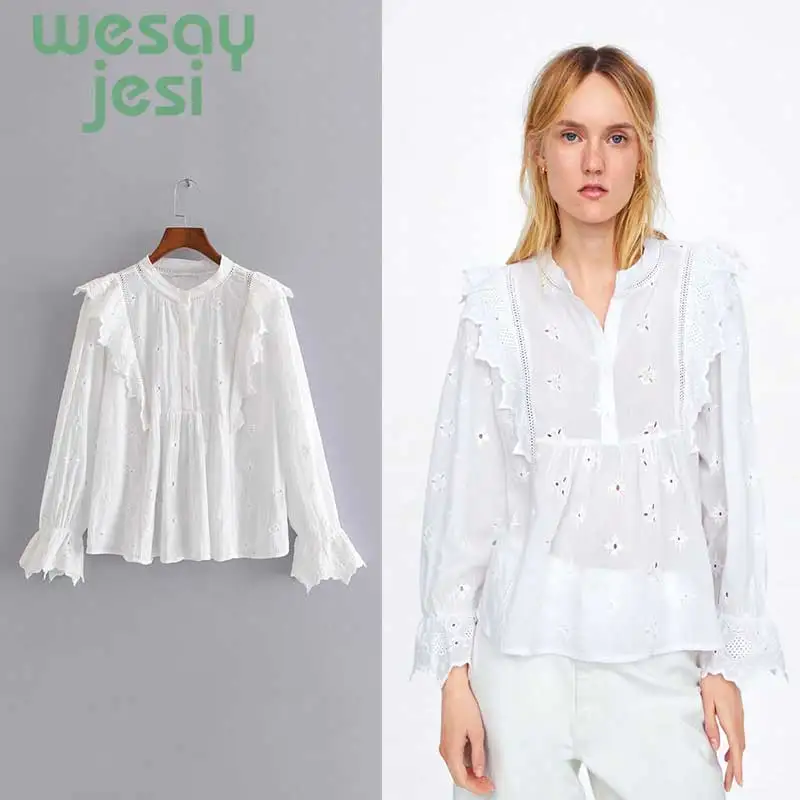 

White Shirt Women Summer Blouse 2019 New Fashion Hollow Out Embroidery Preppy Girl Tops Long Sleeve Ruffle Shirts