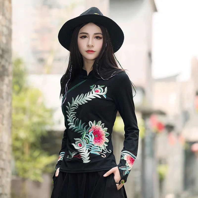 

Women Chinese Style Shirt Women's Autumn Spring Ethnic Black red Stand Collar Embroidered T-shirt Female Long Sleeve Top Blusa