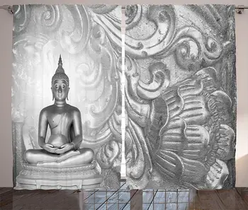 

Asian Curtains Silver Ornamental Background Ancient Old Oriental Culture Monochromatic Image Art Print Living Room Bedroom
