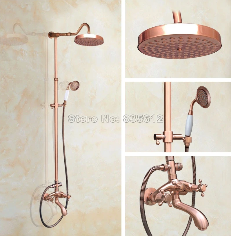 

Antique Red Copper Rainfall Bathroom Rain Shower Faucet Set Wall Mounted with Bathtub Faucet and Hand Shower Mixer Taps Wrg606