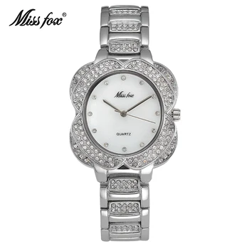 

Miss Fox Half Diamond Mosaic Flower Womens Watches Golden Clock Women Quartz Watch Fashion Charming Gold Hidden Clasp Relogio