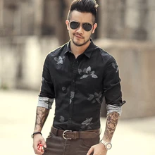 Для мужчин Весна-осень Повседневная рубашка черный с цветочным принтом метросексуал человек рубашка с длинным рукавом Тонкий хлопок Британский стиль рубашка S817