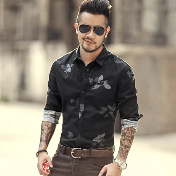 

Men new spring summer casual shirt black printed flower metrosexual man long sleeve shirt slim cotton England style shirt S817