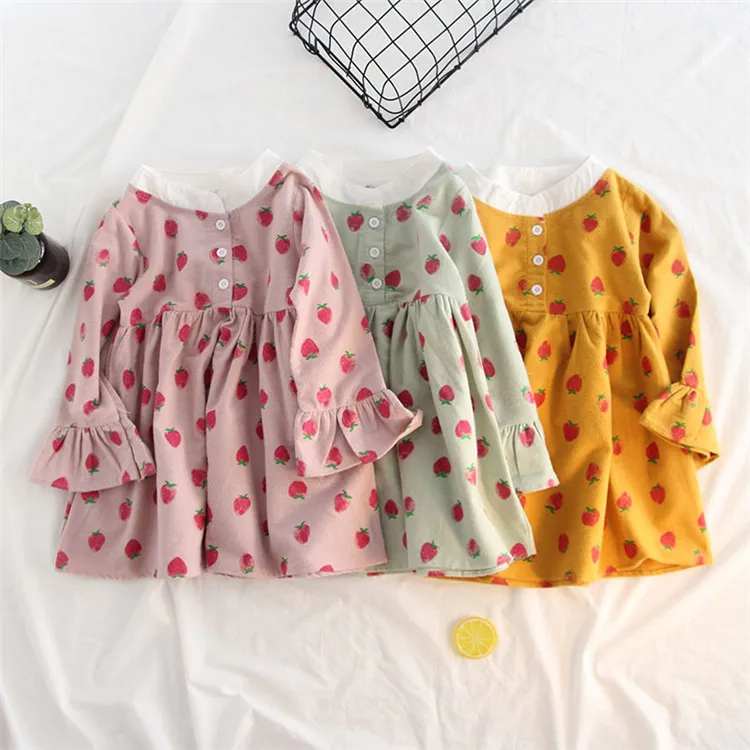Fanfiluca Girls Dress 2018 Autumn Casual Style Girls Clothes Long Sleeve Strawberry Pattern Cotton Stand Collar Dress002