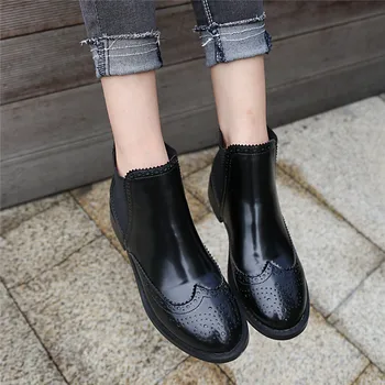 

2019 Winter Vintage Women Chelsea Boots Black Patent Leather Round Toe Brogue British Ankle Boots Business Fashion Casual Botas