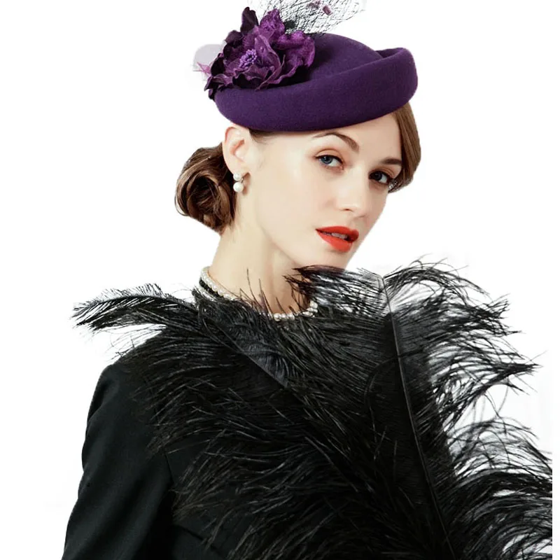 FS вуалетки шерстяные шляпы элегантные Pillbox шляпа женская свадебная фиолетовая шляпа фетровые шляпы для женщин цветы Femme черные Дерби Fedora