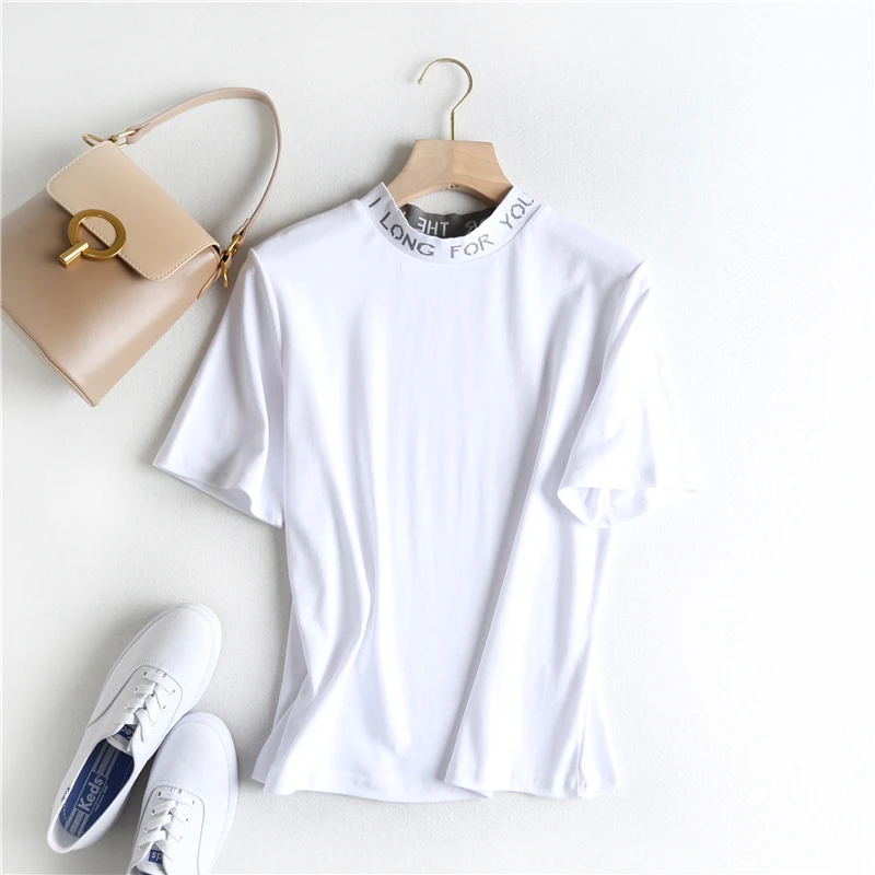 

2019 summer new fashion thread half-high collar letter print micro-profile short-sleeved white T-shirt