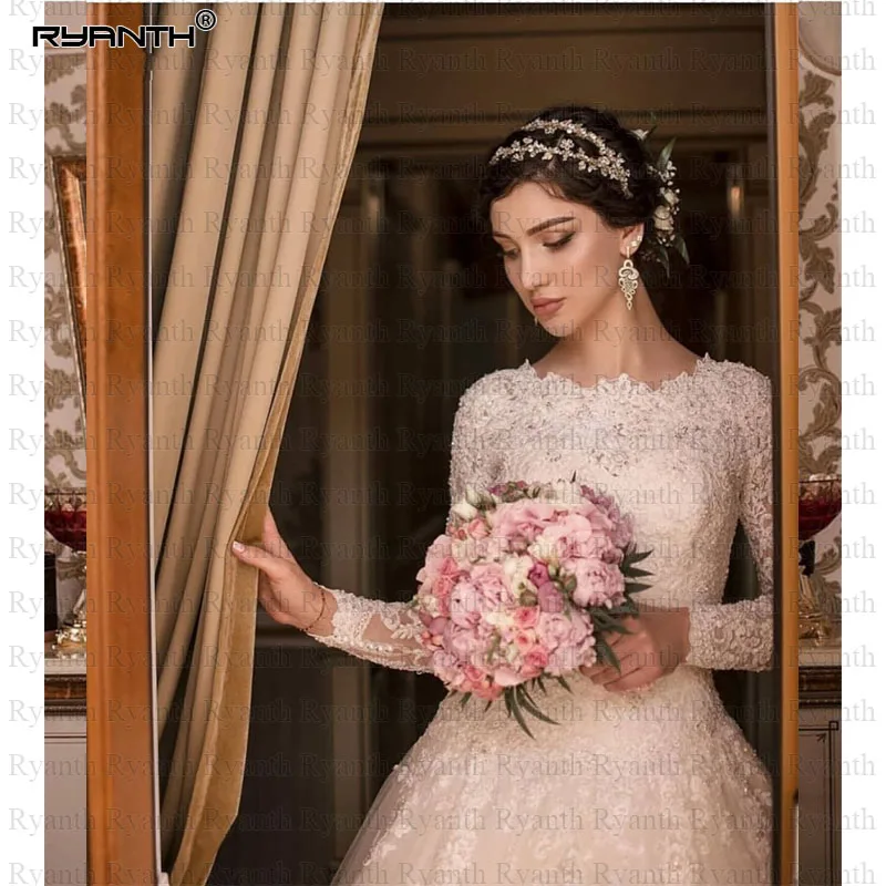 Vestido de noiva свадебное кружевное платье трапециевидной формы с длинными рукавами на заказ блестящее платье de mariee Свадебные платья с бусинами и жемчугом