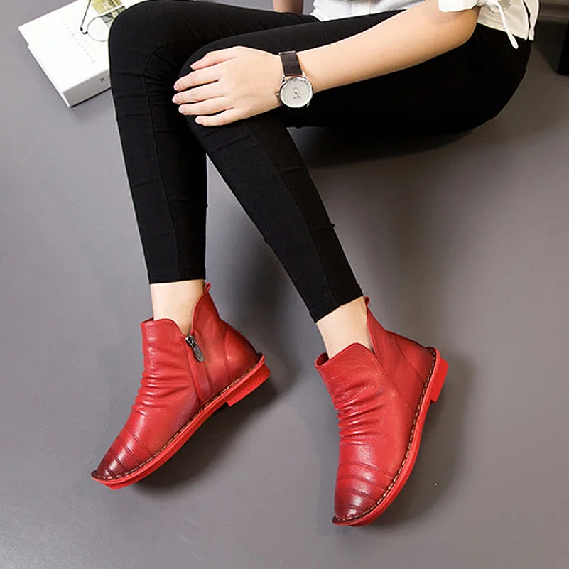 grey Planos Zhenbaili Primavera Black Otoño 2017 Ocasionales Plisado brown Botas Moda Zapatos Cremallera Cuero Botines Auténtico Suave red Mujeres 7trw7qna