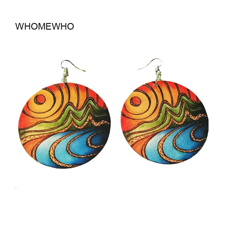 

DIY Handmade Wood Africa Mysterious Sun Colorful Painting Tribal Round Vintage Earrings Wooden African Bohemia Afro Ear Jewelry