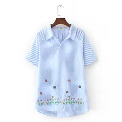 Женская синяя блузка 2018 Весна-осень Новая женская блузка с вышитыми цветами с короткими рукавами girls'shirt