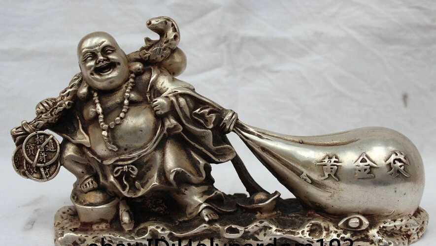 

Free Shipping Lucky Chinese Fengshui Silver Happy Laugh Maitreya Buddha Pull Money Bag Statue