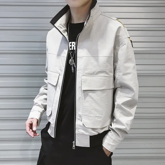 2963 Stand Collar Jacket Men Grey Black Letter Printed Streetwear Slim