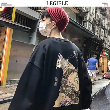 

LEGIBLE Embroidery Funny Cat Hoodies Men Sweatshirt Mens Harajuku Print O-Neck Hoodies Male Hiphop Japan Windbreaker