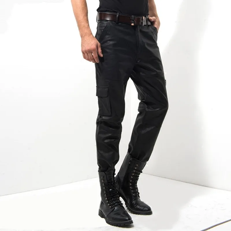 2019 новые черные штаны из натуральной кожи Для мужчин модные Повседневное плюс Размеры мотоциклетные штаны Для мужчин кожа бегунов