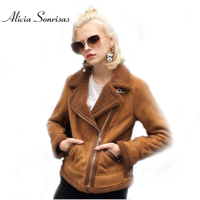 

New 2017 Sheepskin Coat Winter Lamb Wool Short Warm Blakc Suede Jacket Biker Motorcycle Autumn Brown Coat AS301099