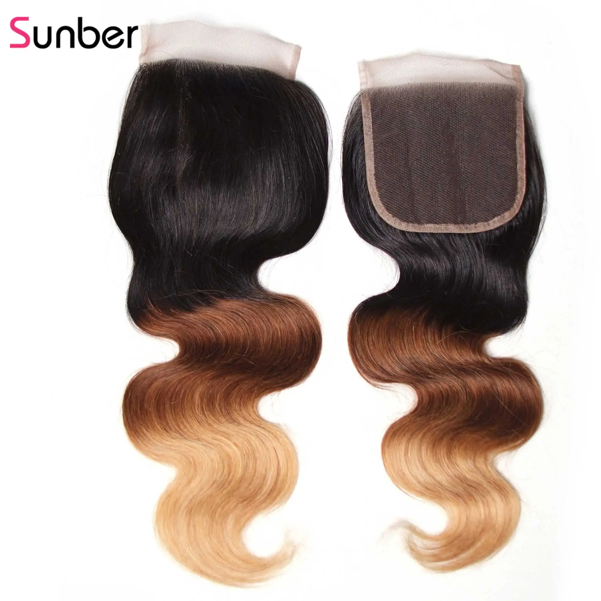 Sunber Hair 3/4 Ombre пряди с закрытием Remy человеческие волосы для наращивания 16-26 дюймов T1B/4/27 Pervuian пряди волос с закрытием
