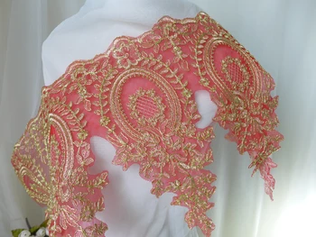 

31cm Wide Red Mesh+Gold Thread Alencon Lace Trim Scalloped Bridal Veil Lace Trim, Vintage Lace 3 Yards