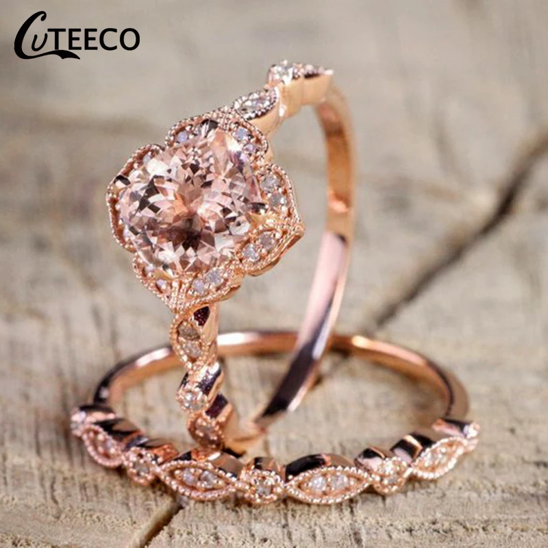 CUTEECO 2 шт./компл. однотонный цвет розовое золото фианит Свадебное обручальное кольцо горячая Распродажа модное кольцо женские ювелирные изделия дропшиппинг
