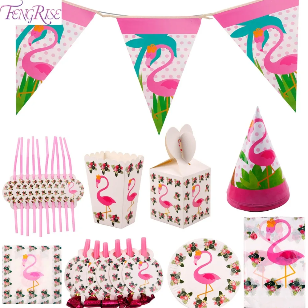 

FENGRISE Flamingo Party Decoration Disposable Tableware Set Flamingo Theme Candy Box Napkin Plate Straw Cup Hat Table Decoration