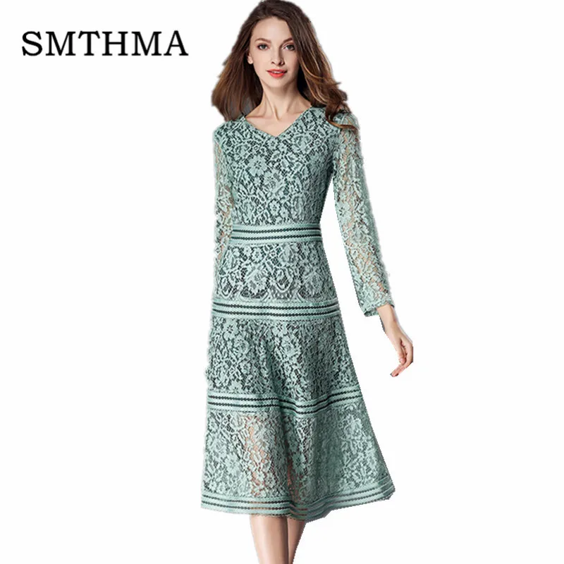

SMTHMA High quality Runway autumn and winter Hollow out Long sleeve Green dress 2019 fashion Elegant lace Dress vestidos