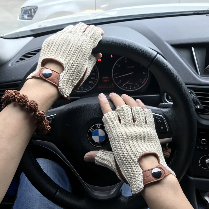 Мужские перчатки на половину пальца вязаные + кожаные перчатки мужские летние дышащие без подкладки Нескользящие перчатки для вождения