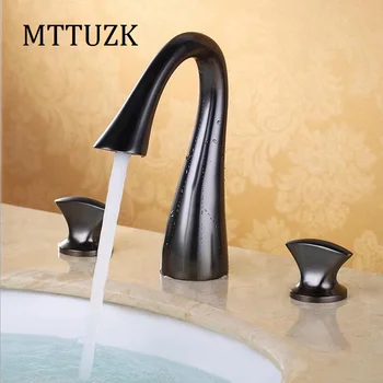 

MTTUZK 3Pcs/set Waterfall ORB Brushed Nickel Faucet Black Basin Faucets Deck Mounted Bathroom Tap 3 Hole Faucet Mixer Crane