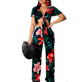 

Women Sexy 2PCS Outfits Tie Crop Top Palazzo Wide Leg Long Pants Floral Jumpsuit