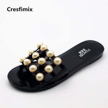 

Cresfimix women cute high quality outside slippers lady casual polka dot summer slip on slippers female spring black sandals