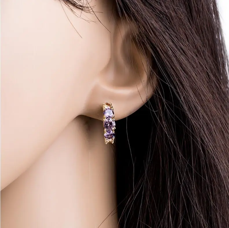 LZX брендовая милая фиолетовый кристалл обруч серьги для Для женщин и девочек золото Цвет кубического циркония камень модная Свадебная вечеринка ювелирные изделия