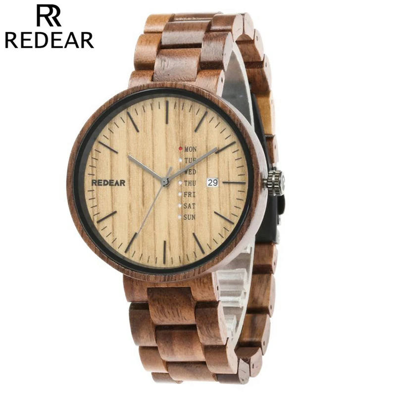 

REDEAR Auto Date Week Men Quartz Watches Casual Black Walnut Wood Watch Solid Natural Wooden Wristwatch Clock with Original box